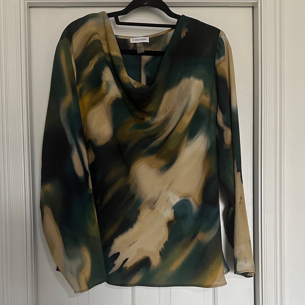 Calvin Klein Green, Cream & Black Abstract Cowl-Neck Long Sleeve Blouse 2X
